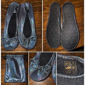 Silky Toes Black Glitter Foldable Roll Up Flats With Liner Womens Size Large